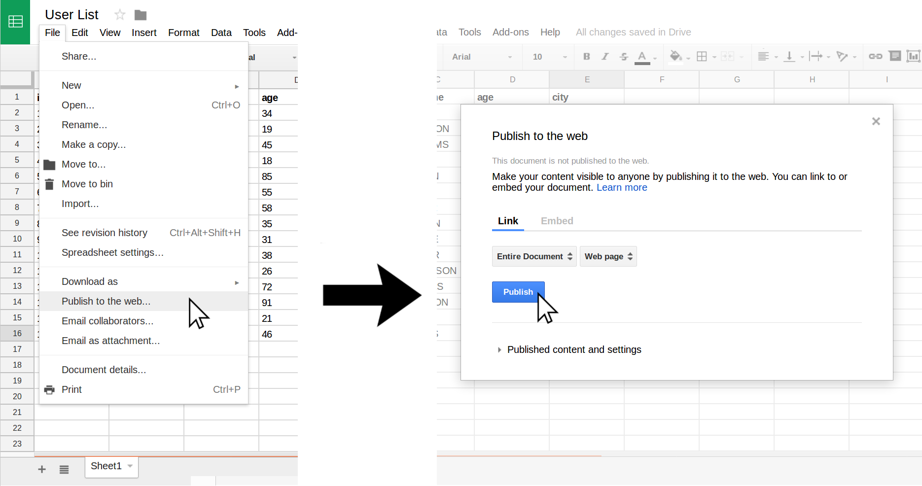 Publish the spreadsheet to the web